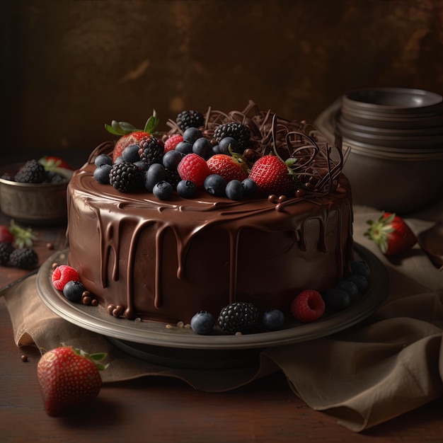 Um bolo de chocolate com cobertura de chocolate e frutas em um prato.