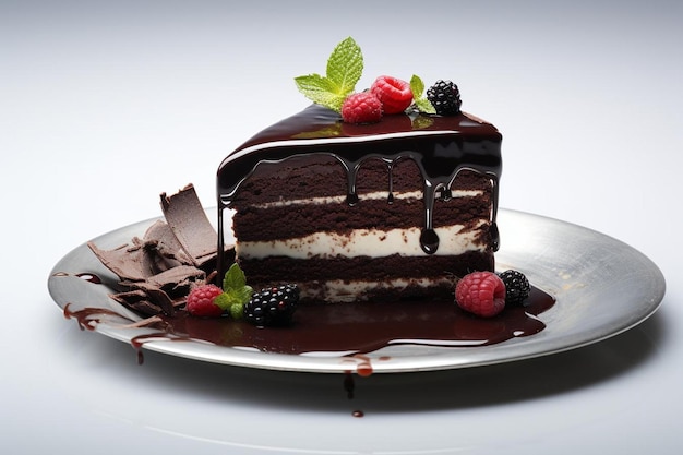um bolo de chocolate com cobertura de chocolate e frutas vermelhas.