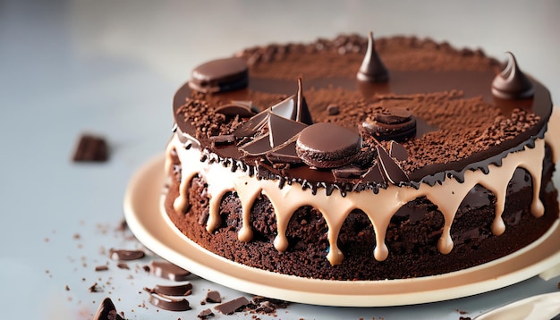 Um bolo de chocolate com cobertura de chocolate e gotas de caramelo por cima.