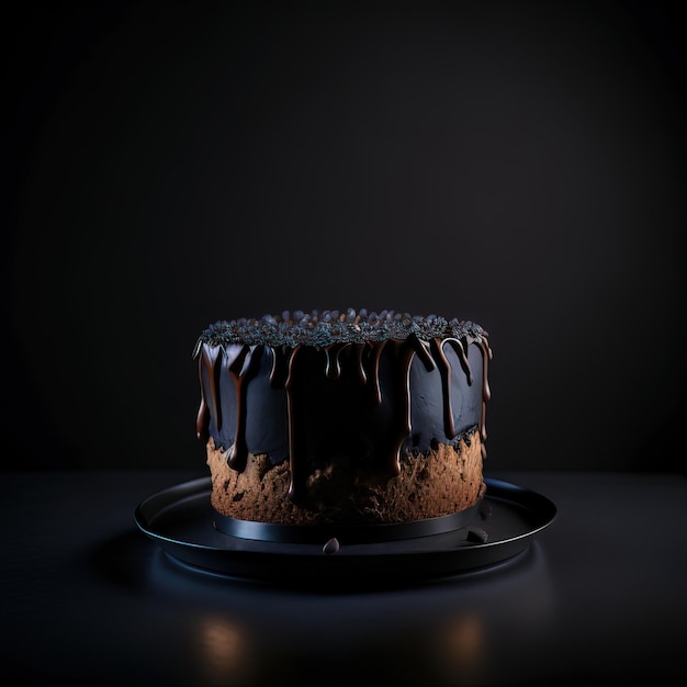 Um bolo de chocolate com cobertura de chocolate e gotas de chocolate.