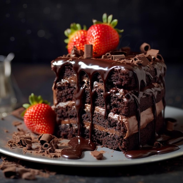 um bolo de chocolate com cobertura de chocolate e morangos num prato