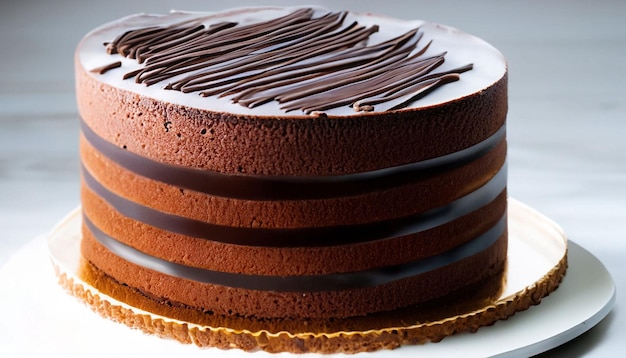 Foto um bolo de chocolate com cobertura de chocolate e raspas de chocolate.