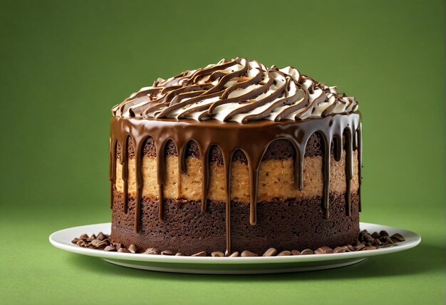 Foto um bolo de chocolate com cobertura de chocolate e salpicaduras na parte superior