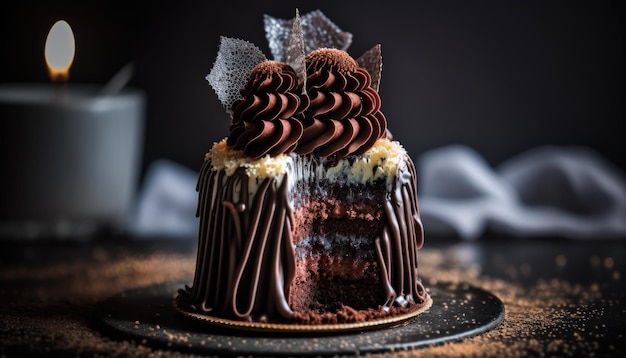 Um bolo de chocolate com cobertura de chocolate e um pedaço de chocolate por cima.