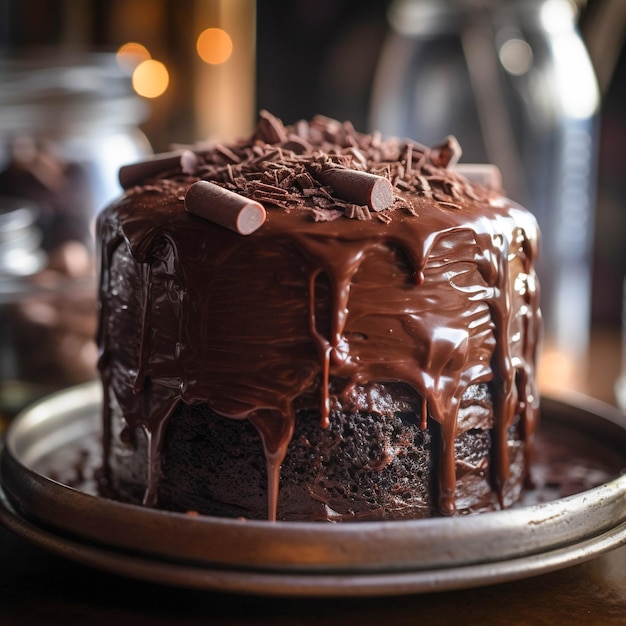 Um bolo de chocolate com cobertura de chocolate e um pedaço de chocolate por cima.