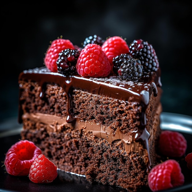 um bolo de chocolate com framboesas e cobertura de chocolate.