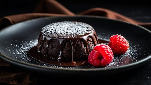 um bolo de chocolate com framboesas e framboesas em um prato