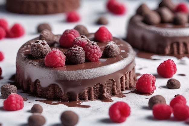 um bolo de chocolate com framboesas e framboesas por cima.