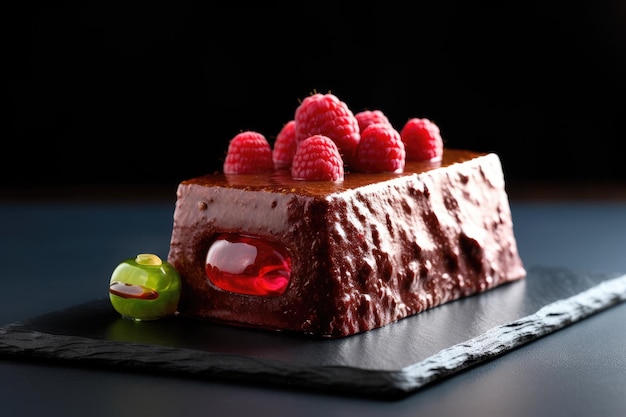 um bolo de chocolate com framboesas e uma uva verde