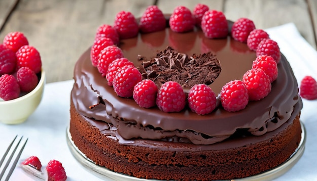 Um bolo de chocolate com framboesas no topo