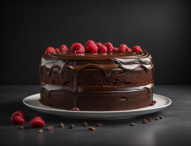 Um bolo de chocolate com framboesas por cima e um prato com ai generativo