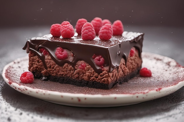 um bolo de chocolate com framboesas por cima.