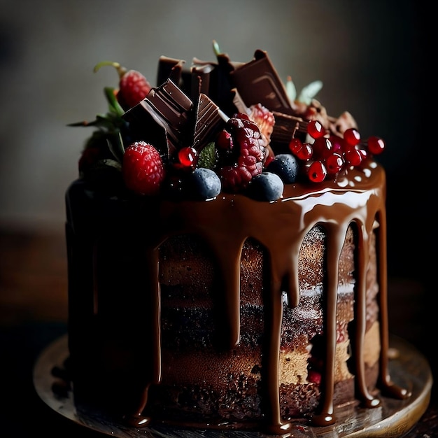 Um bolo de chocolate com frutas e chocolate por cima
