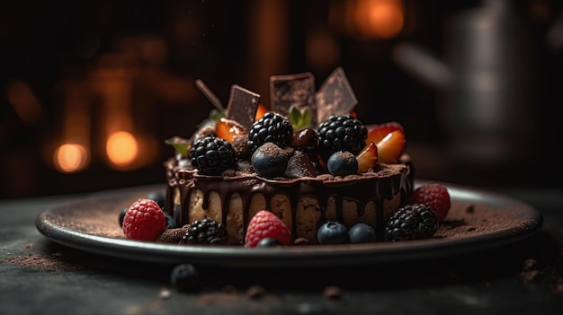 Um bolo de chocolate com frutas e chocolate por cima