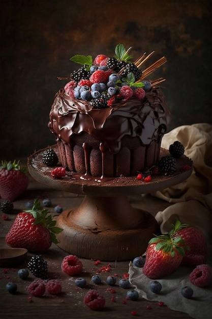 Um bolo de chocolate com frutas no topo