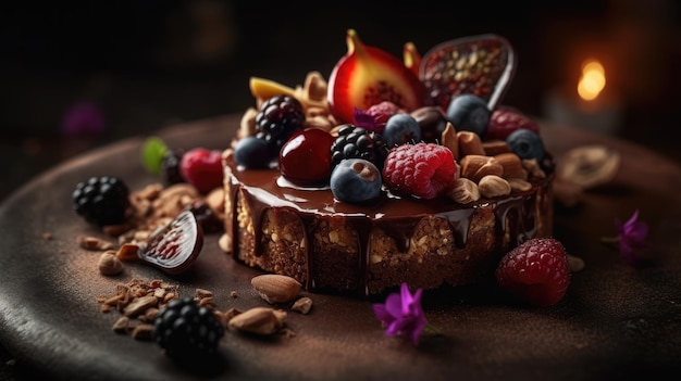 Um bolo de chocolate com frutas por cima e fundo preto