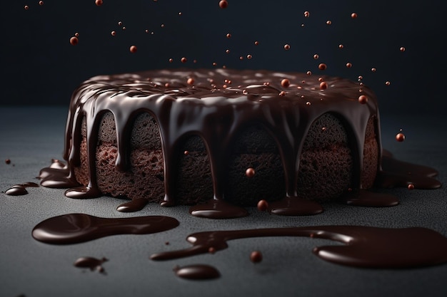 Um bolo de chocolate com fundo preto e fundo preto.