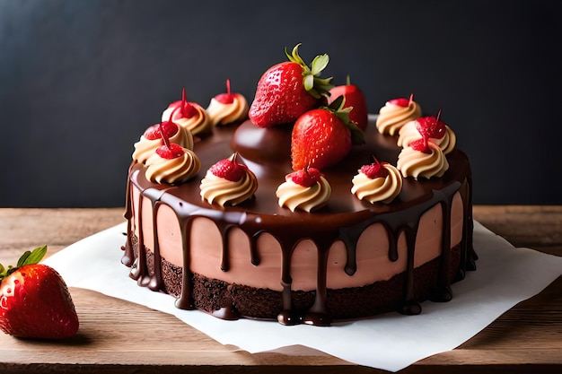 Um bolo de chocolate com ganache de chocolate e morangos por cima.