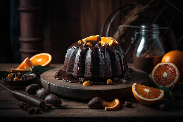 Um bolo de chocolate com laranjas e chocolate em uma mesa de madeira.