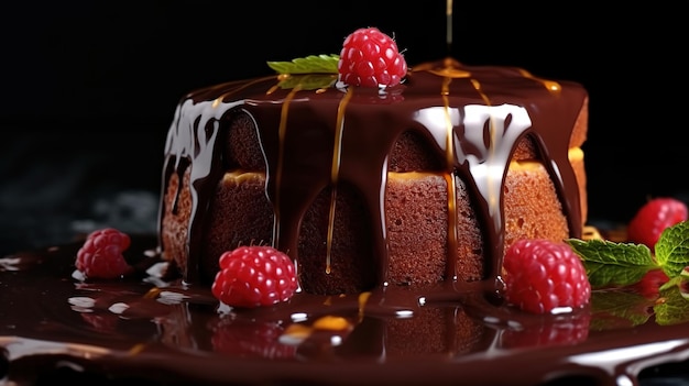 Um bolo de chocolate com molho de chocolate e framboesas em cima