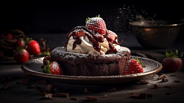 Um bolo de chocolate com morangos e calda de chocolate