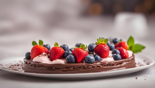 um bolo de chocolate com morangos e morangos nele