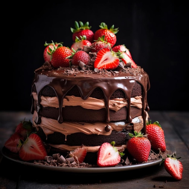 Um bolo de chocolate com morangos em cima