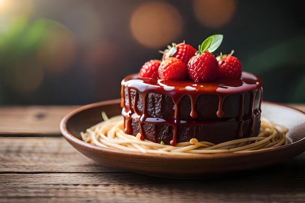 Um bolo de chocolate com morangos em um prato com fundo desfocado.