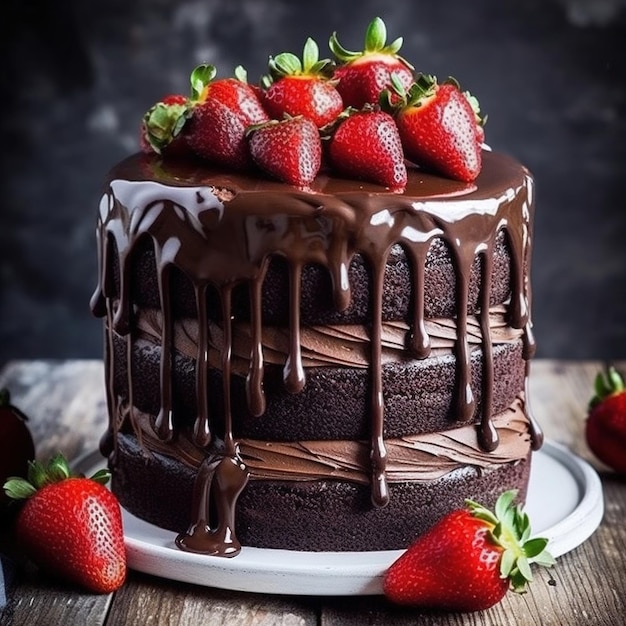 Um bolo de chocolate com morangos no topo