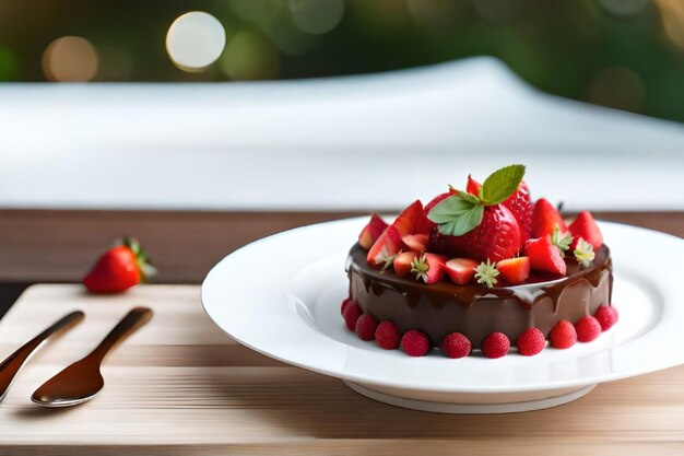 Foto um bolo de chocolate com morangos num prato com uma colher e uma colher.