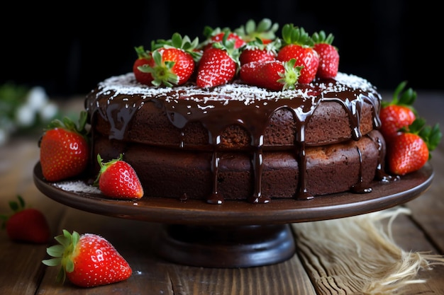 um bolo de chocolate com morangos por cima