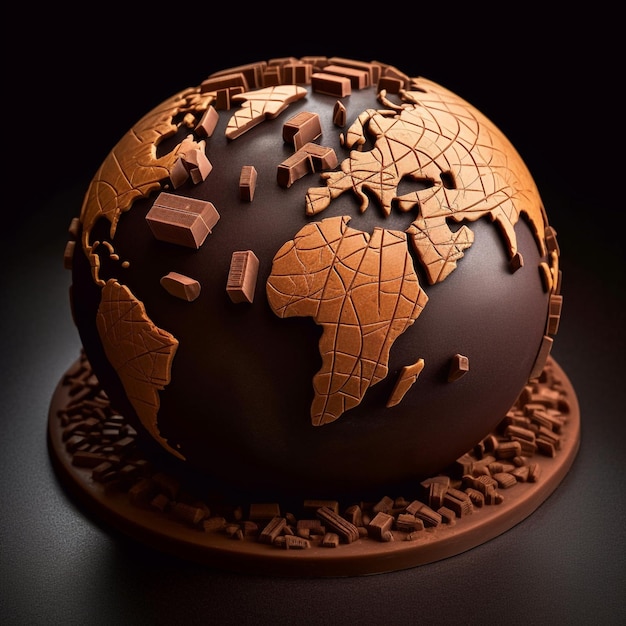 Um bolo de chocolate com o mundo no dia mundial do chocolate