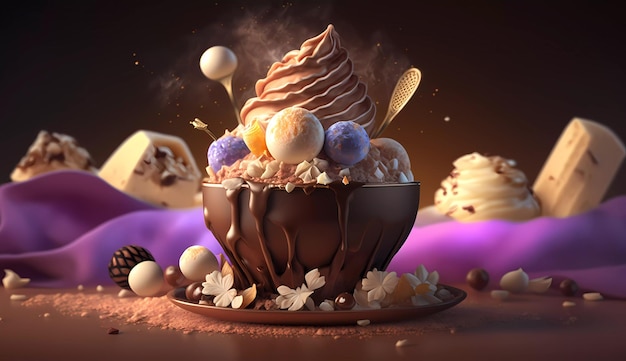 Um bolo de chocolate com sorvete e doces no topo