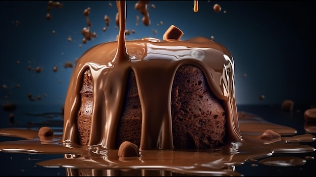 Um bolo de chocolate com um toque de calda de chocolate