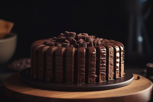 Um bolo de chocolate com uma camada de chocolate por cima.