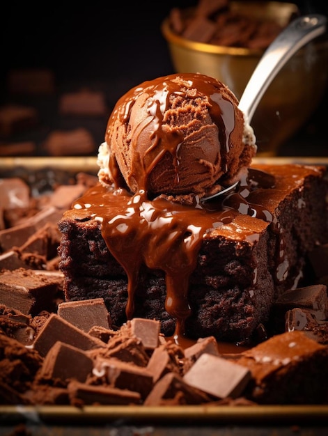 um bolo de chocolate com uma colher no meio