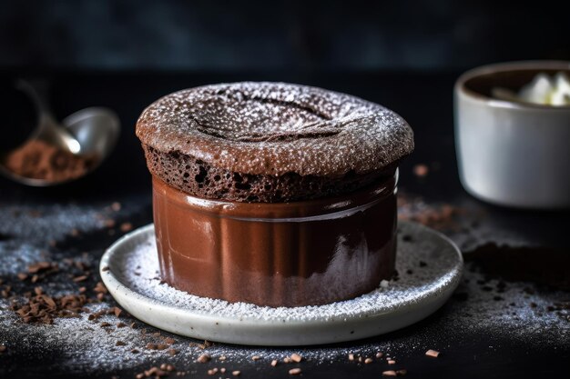 Um bolo de chocolate com uma xícara de café em um fundo preto.