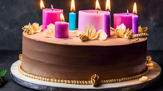 Um bolo de chocolate com velas acesas no topo