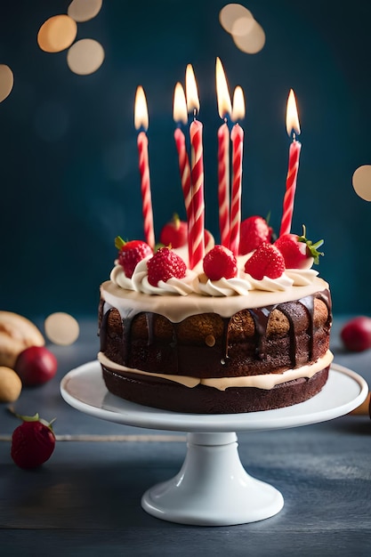 Um bolo de chocolate com velas no topo e um monte de morangos no topo