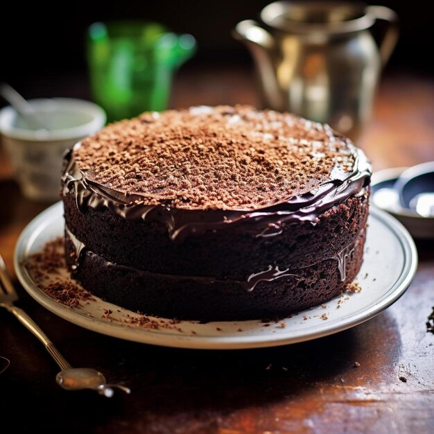 Um bolo de chocolate em cima de um prato branco