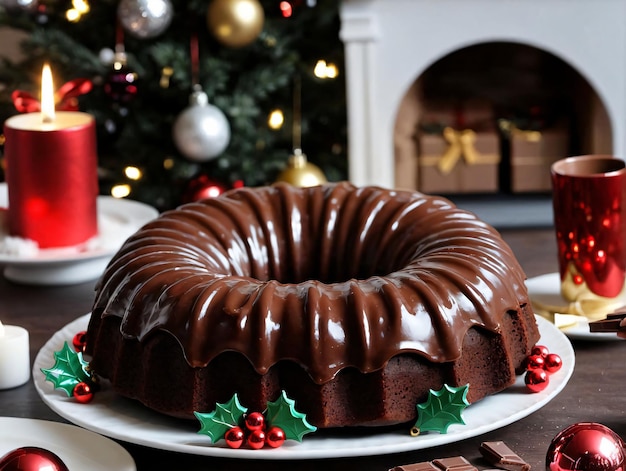 Um bolo de chocolate em cima de um prato branco