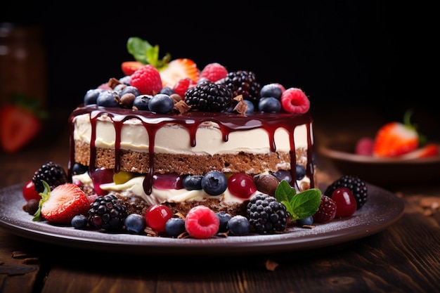 Um bolo de fruta de sobremesa com chocolate