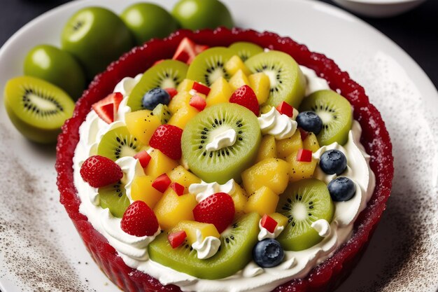 Foto um bolo de frutas com cobertura de frutas