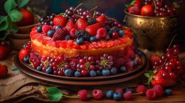 um bolo de frutas com uma cesta de framboesas e uma cesta de frutas.