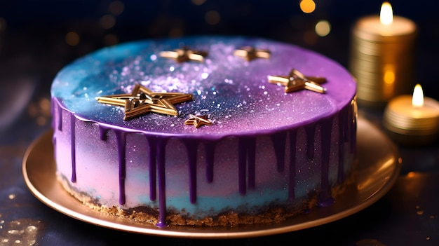 Foto um bolo de galáxia com glacê roxo e azul