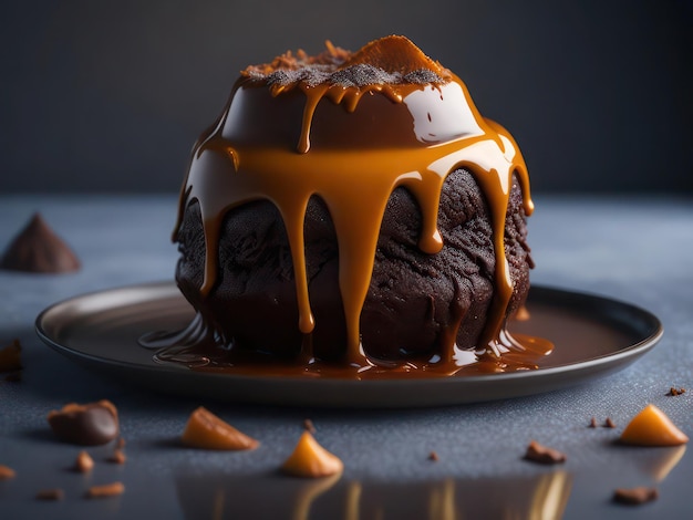 Um bolo de lava de chocolate com calda de caramelo por cima