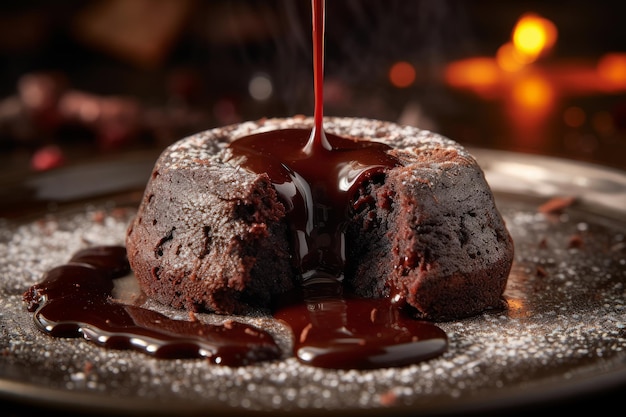 Um bolo de lava de chocolate com calda de caramelo sendo derramado sobre ele