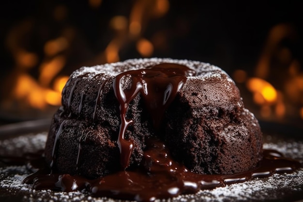 Um bolo de lava de chocolate com calda de chocolate por cima