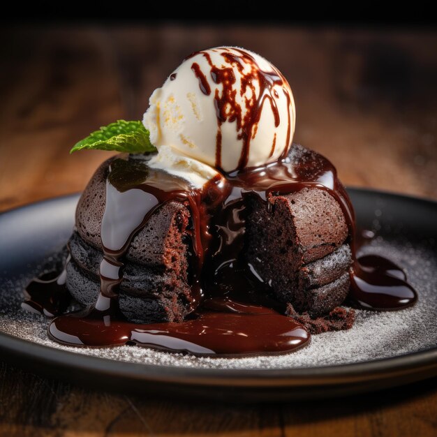 Foto um bolo de lava de chocolate decadente sujando com rica ganache derretida