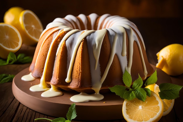 Um bolo de limão com cobertura de limão e folhas de hortelã em uma mesa de madeira.